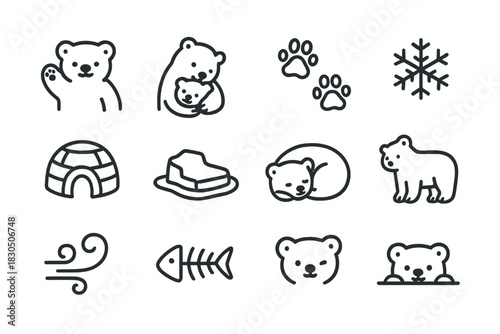 Polar Bear Icons. Cute polar bear illustration. Line outline icon set of Cute polar bear illustration: polar
