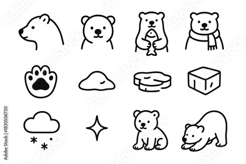 Polar Bear Icon Set. Cute polar bear illustration. Line outline icon set of Cute polar bear illustration: