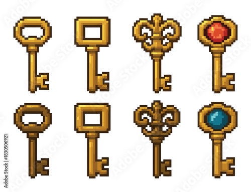 Pixel art antique keys with gemstones and decorative elements on yellow background