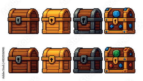 Set of eight pixel art treasure chests with gems and metal accents
