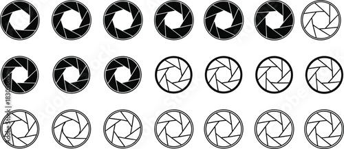 Aperture Blades Shutter Icons Set Vector: Photography Lens Diaphragm Stages, Focusing Mechanism, Different F-Stop Exposures, Camera Equipment Collection, Isolated Graphic Design Elements,