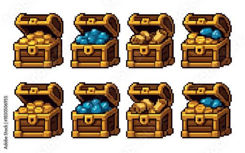 Pixel art treasure chests with gold, gems, and coins in eight variations