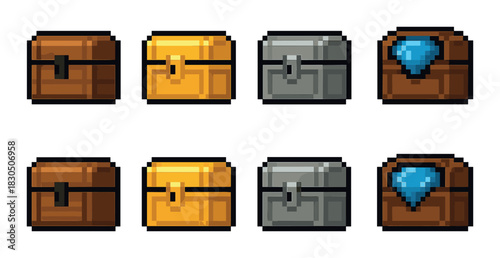 Colorful pixel art treasure chests with gems and metal latches in various designs