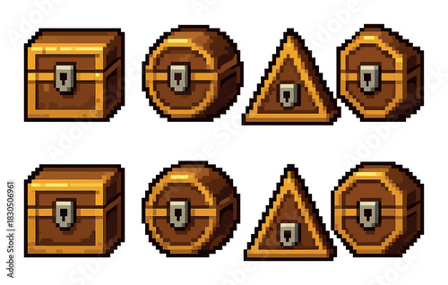 Pixel art locked chests and boxes collection in various shapes