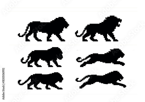 Silhouette lions in various poses on gradient background
