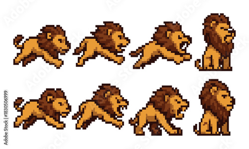 Pixel art lion animation spritesheet of roaring and sitting pose
