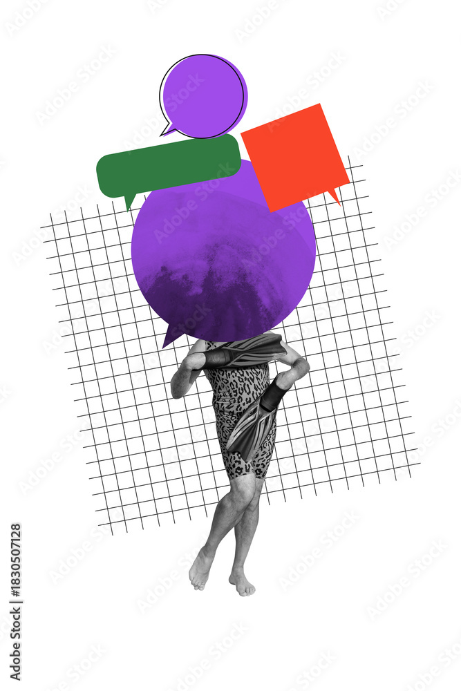 Obraz premium Composite image trend artwork collage of man body headless stand posing wear leopard print swimsuit texting online email cloud mind bubble