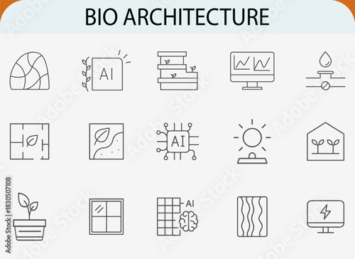 Bio architecture line icons set, AI sustainable building vector