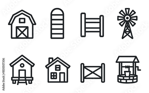 Minimalist farm icons: barn, silo, windmill, house, fence, well