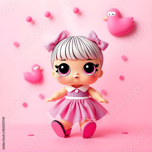 Decoration banner themed Lol surprise doll girlish style. Abstract pink background with little stars. Invitation card template 