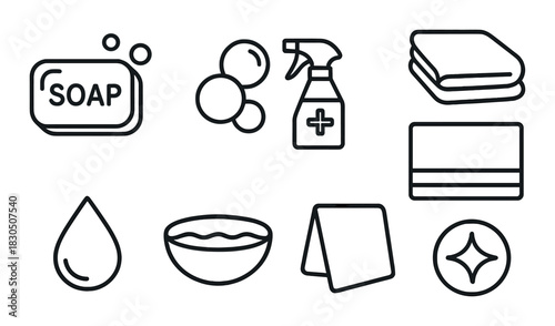 Cleaning icons soap spray cloth bubbles water drop bowl star on dark background