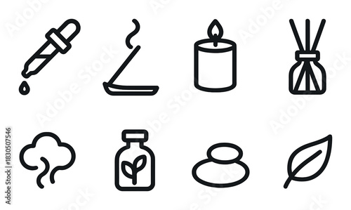 Aromatherapy icons: candle, incense, and essential oils on black background