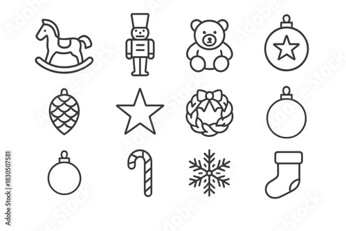 Christmas Icon Set. Christmas toys and decorations. Line outline icon set of Christmas toys and decorations: