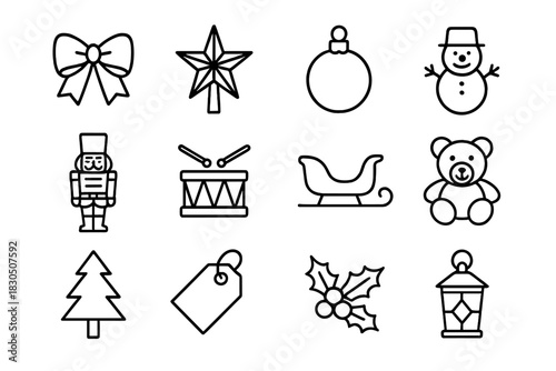 Christmas Decorations Collection. Christmas toys and decorations. Line outline icon set of Christmas toys and