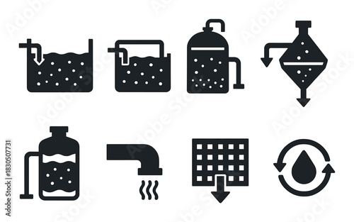 Industrial water filtration and treatment icons on dark background