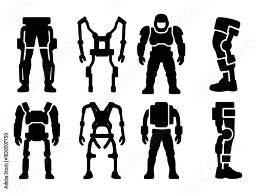 Silhouettes of futuristic exoskeleton designs on brown background