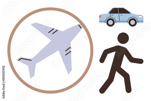 Airplane in circle, blue car, and walking figure visualize travel choices. Ideal for transport, mobility, travel planning, tourism, eco-friendly habits lifestyle logistics. Simple flat metaphor