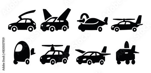 Silhouettes of futuristic flying cars with rotors and wings