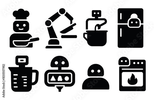 Silhouette icons of smart kitchen technology including robots and appliances