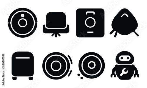 Collection of black minimalist robot and tech device icons on dark background