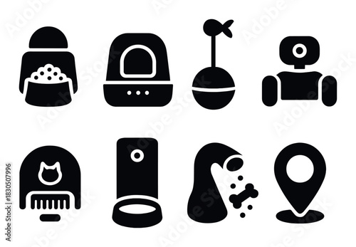 Various pet care icons: feeder, litter box, camera, gps, toy, collar, bowl, robot