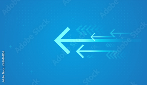 The Bold arrows moving left across a digital blue background symbolize a backward shift in finance and business, such as market pullbacks or strategic retreats