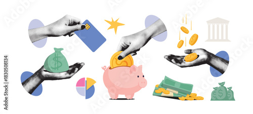 Hands holding coins, credit card, money bag and piggy bank on white background. Collage illustration. Finance and savings concept. Design for poster, banner, header, card, print