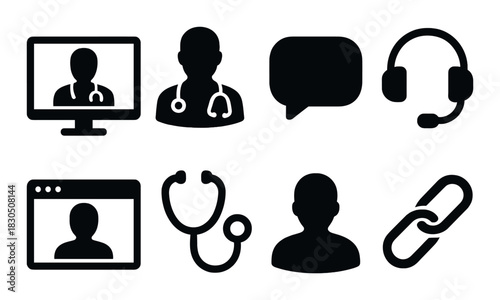 Medical communication icons: stethoscope, computer, call center, chat bubble, link