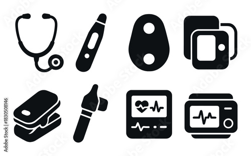 Medical tools icons set featuring stethoscope, thermometer, otoscope, heart monitor