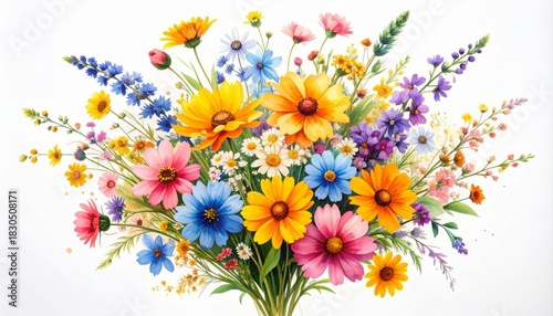 Vibrant mixed flower bouquet artfully arranged on crisp white background celebrating floral beauty and natural elegance.
