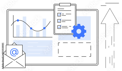 Email, growth arrow, graph, bar chart, checklist on clipboard, gear. Ideal for productivity, data analysis communication strategy organization workflow success. Simple flat metaphor
