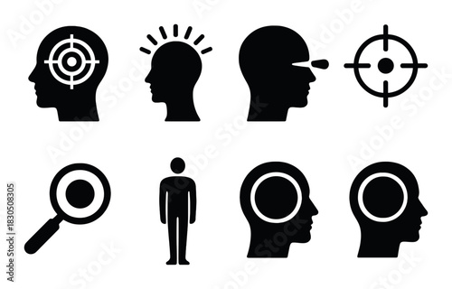 Silhouette icons of human heads with targets and magnifying glass