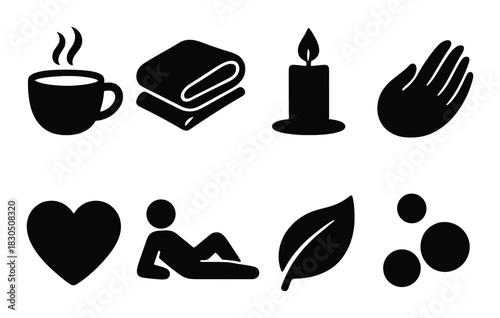 Silhouettes of coffee, blanket, candle, hand, heart, relaxing person, leaf, and bubbles