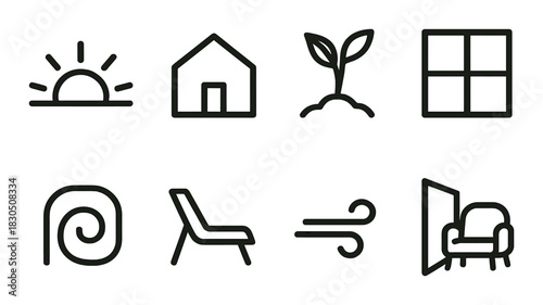 Minimalist icons: sunrise, house, plant, window, spiral, chair, wind, door