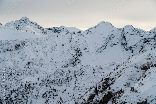 Mountain ridge and slopes covered with snow.