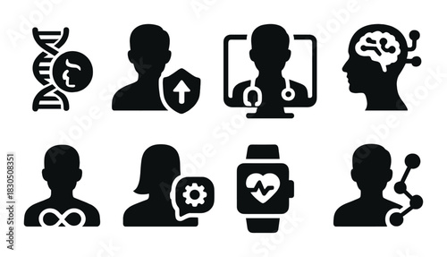 Abstract icons of dna, human profiles, and health technology themes