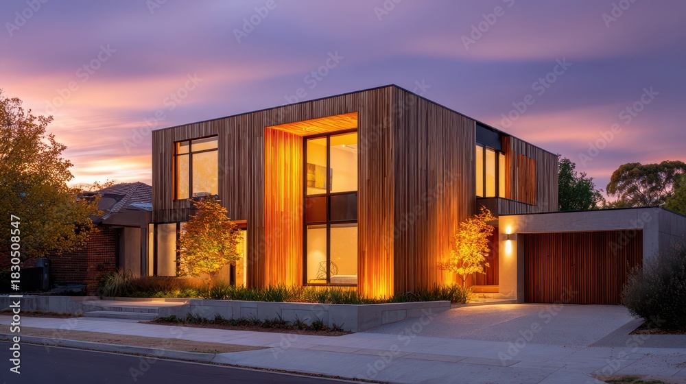 Fototapeta premium Contemporary cube house featuring timber facade and warm evening illumination