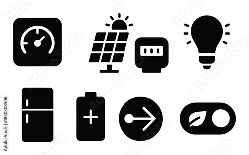 Sustainable energy icons: solar, power, efficiency