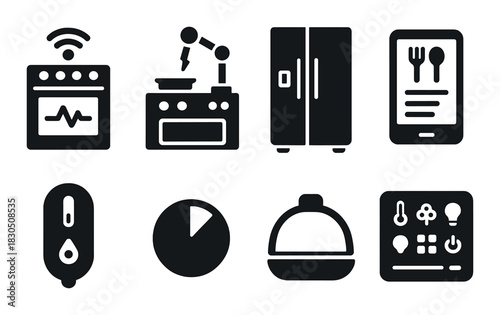 Smart home kitchen icons: wifi, robot cooking, fridge, recipe app, thermostat