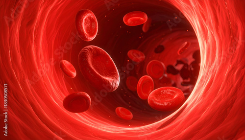 Microscopic rendering of red blood cells traveling through a blood vessel, representing human physiology and medical science.