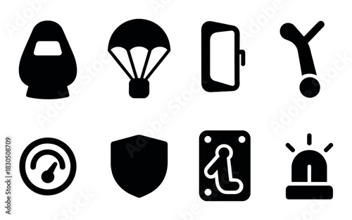 Black silhouettes: rocket, parachute, door, figure, speedometer, shield, carabiner, siren