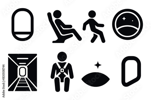 Airplane safety icons: seatbelt, space, comfort, and passenger guidance