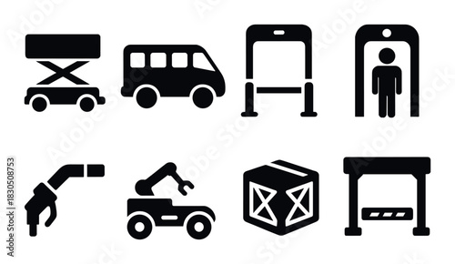 Industrial equipment icons on dark background with robotic arms and vehicles