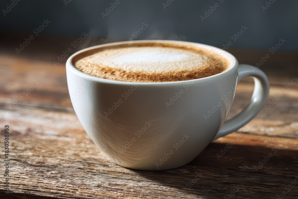 Fototapeta premium Cozy breakfast beverage on wooden tabletop with soft light and empty top area
