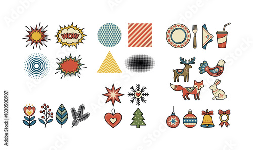 Colorful retro pop art set: animals, shapes, and seasonal icons