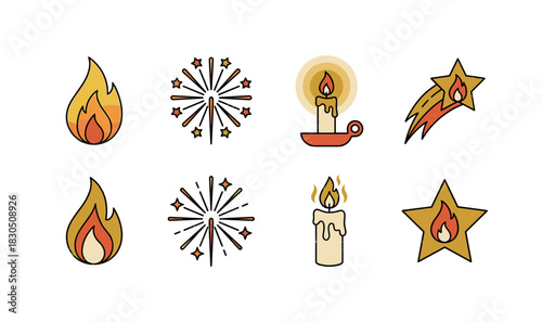 Colorful fire and celebration icons with flames, candles, and stars
