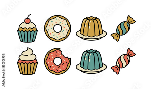 Assorted sweets and pastries: cupcake, donut, jelly, candy