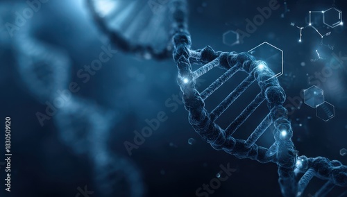 A blue and white image of a DNA strand with a blue background
