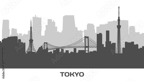 Japan. Tokyo skyline, cityscape. Silhouettes of skyscrapers. Tokyo Tower, Rainbow Bridge, modern architecture. Panoramic city view. Travel vector illustration in grayscale on transparent background