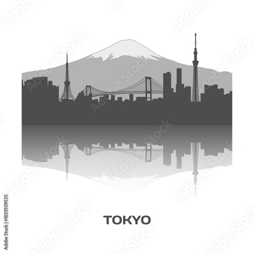 Tokyo skyline with Mount Fuji and reflection in water. Japan. Travel vector illustration in shades of gray on transparent background. Silhouettes of  skyscrapers, Tokyo Tower, Rainbow Bridge